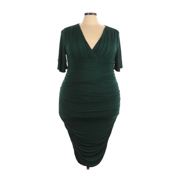 Kiyonna Women Dress 4X Rumor Ruched Sexy Bodycon V Neck Green Flutter Sleeves - Picture 8 of 15